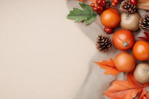 Autumnal jujubes and persimmons on rustic cloth with seasonal decorations in Koreas late autumn photo