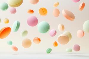 Surreal composition of colorful pills and tablets floating in mid-air against a light gradient background photo