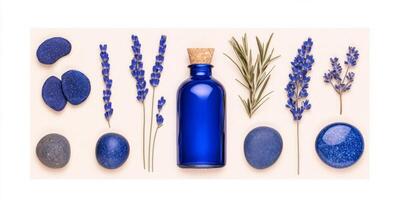 Cobalt blue objects arranged artistically on a sand-colored background for a minimalistic and abstract display photo