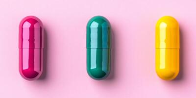 Assorted capsules arranged on a pastel background creating an abstract medical composition photo