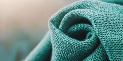 Close-up view of soft sage green and gray linen fabric texture under gentle lighting photo