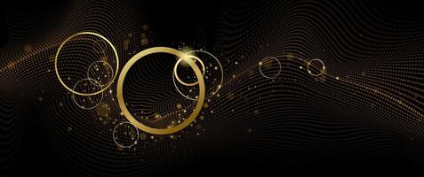 Illustration design of bright gold sparkle, dust particle, neon glow effect. Abstract of shiny glitter, spark light and golden shine line for energy motion, technology on black color background vector