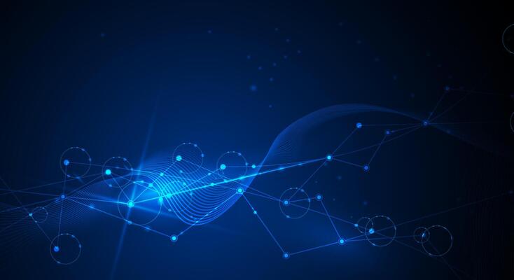 Molecule, Network Connected lines with dots, technology on blue background. Abstract internet network connection design for web site. Digital data, communication, science and futuristic concept