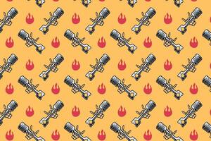 metal hand skull holding piston colorful pattern on yellow background. rock hand skeleton gripped cylinder seamless pattern background. piston with hand seamless pattern for decor and merchandise vector