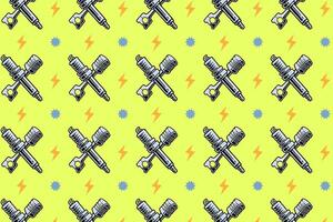 piston crossed sparking plug shape pattern on green background. doodle spark plug with cylinder object symbol seamless pattern background. plug with piston seamless pattern for decor, merchandise vector