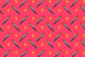 retro sparking plug with fire, thunder pattern on red background. doodle spark plug with flame, lightning object seamless pattern background. spark plug with blaze, bolt pattern for decor, merchandise vector