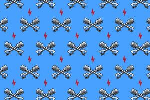 piston crossed with lightning colorful pattern on blue background. doodle piston with thunder object symbol seamless pattern background. piston with bolt seamless pattern for decor and merchandise vector