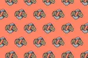 hand skull holding gear colorful pattern on orange background. hand skull gripped cogwheel object symbol seamless pattern background. jagged ring held hand seamless pattern for decor and merchandise vector