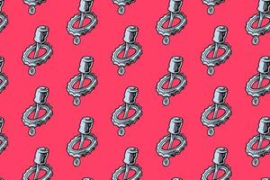 piston with gear 3d shape colorful pattern on red background. cylinder with cogwheel object symbol seamless pattern background. doodle piston with jagged ring seamless pattern for decor, merchandise vector