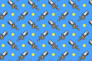 metal hand skull holding piston shape colorful pattern on blue background. rock hand skeleton gripped cylinder seamless pattern background. piston with hand seamless pattern for decor and merchandise vector