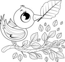 Cute bird in Autumn and tree branch with dry leaves. Fall season tree with brown fallen leaves and bird. Black and white coloring page. vector
