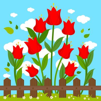 Beautiful garden background with red tulip flowers behind a wooden fence with grass and blue sky. Red flowers behind a wooden fence in nature.
