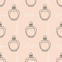 Elegant pattern with outline of perfume bottle and lettering on soft pink background, ideal for packaging, backdrops, covers. vector