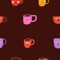 Cute colorful coffee cups. Seamless pattern. Graphic design. Illustration on dark background. vector