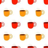 Yellow and red coffee cups. Simple seamless pattern. Hand drawn illustration on white background. vector