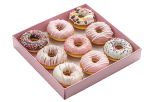 Assorted doughnuts pink box with colorful decorations light png