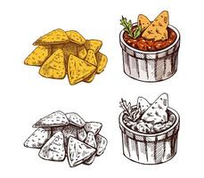 Hand-drawn colored and monochrome sketches of bowl with guacamole, nachos and parsley leaves with a handful of nachos. vector