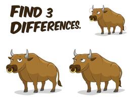 Find differences game bull cartoon colorful illustration vector