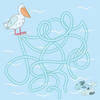 Layout for game labyrinth find a way pelican cartoon hand drawn doodle illustration vector