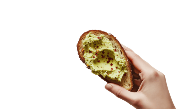 godendo un' fetta di crostini sormontato con fracassato avocado e spezie su un' pulito superficie png