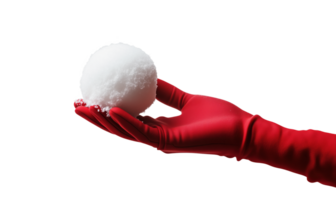 A hand in red gloves holds a snowball against a bright during winter png