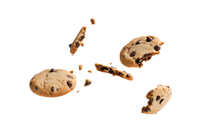 Broken chocolate chip cookies soar, scattering delicious crumbs everywhere png