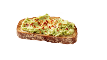Person holding a slice of toast topped with smashed avocado and red pepper flakes png