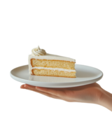 Person holding a ceramic plate with a slice of cake topped with cream frosting png