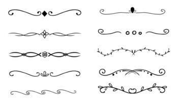 Swirl line divider, doodle decorative fancy ornament border, simple hand drawn frame. Retro curve set flourish thin decorations. vector
