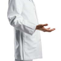 A person in a lab coat gestures confidently in a bright, clinical environment png