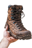 Hiker holding a muddy boot with untied laces after a long day on the trail png