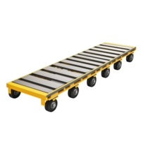 Long metal palette with a brown roller used for transporting materials in a workshop png