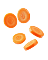 Flying carrot slices create a playful scene of healthy snacking in mid-air png