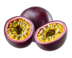 Vibrant purple passion fruits bursting with juicy yellow seeds png