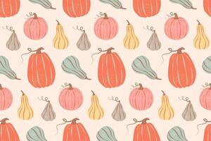 Seamless pattern of colorful pumpkins on pastel yellow background. vector