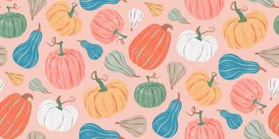 Seamless pattern of colorful pumpkins. pastel pink background in retro style vector