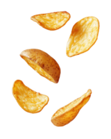 Golden-brown baked potato-shaped chips appear to float, creating an enticing display png