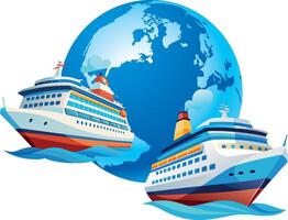 Two cruise ships navigating around the world, international travel concept vector