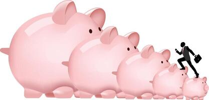 A man is climbing up a pile of pink piggy banks vector