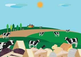 A cartoon illustration of a farm with cows and cheese vector