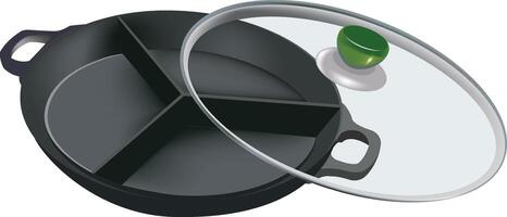 A black pan with a lid and a green lid vector