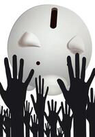 A white piggy bank with hands reaching up to it vector