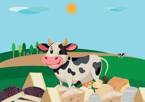 Smiling cow presenting dairy products in green meadow vector