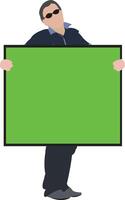 A man holding a green screen with a blank space for text vector