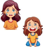 Sad little girl crying and sobbing showing different expressions vector