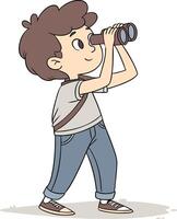 Curious young explorer observing with binoculars in nature vector