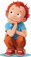 Pensive child sitting and daydreaming, lost in thought vector