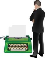 A man in a suit standing next to an old typewriter vector