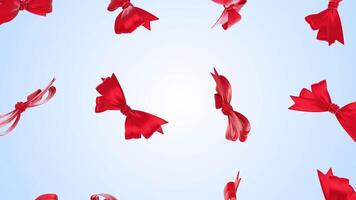 Ribbon Bows Falling on a Light Background. Red Ribbon with Bows 3D Animation. 4K video