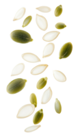 Floating pumpkin seeds and green seeds create a captivating display of nature's bounty png
